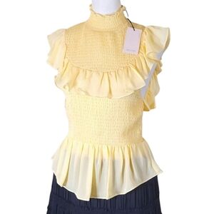 Cinq a Sept Josie Silk Smocked Peplum Top Butter Yellow NWT Size M